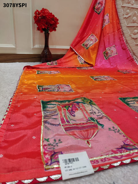 By Premium Chinon Silk Saree in Kalamkari Style with Gota Detailing