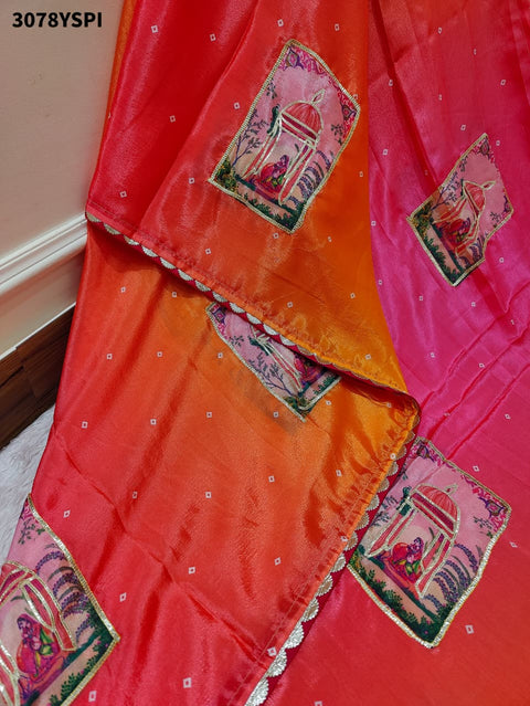 By Premium Chinon Silk Saree in Kalamkari Style with Gota Detailing