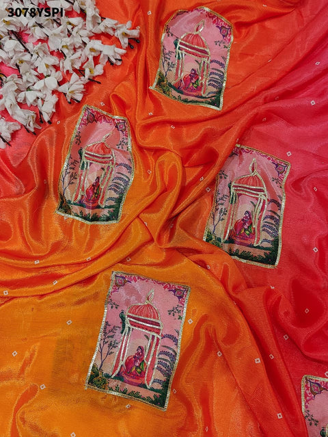 By Premium Chinon Silk Saree in Kalamkari Style with Gota Detailing