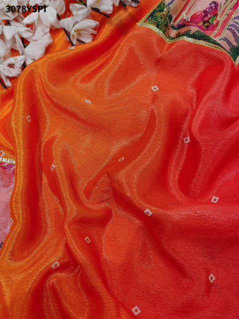 By Premium Chinon Silk Saree in Kalamkari Style with Gota Detailing