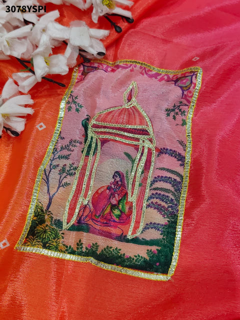 By Premium Chinon Silk Saree in Kalamkari Style with Gota Detailing