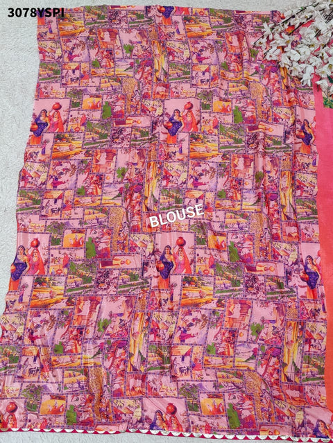 By Premium Chinon Silk Saree in Kalamkari Style with Gota Detailing