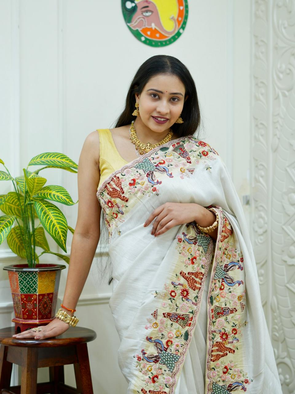 KcPc New Premium Tussar Tissue Saree with Elegant Embroidery WorkPAL