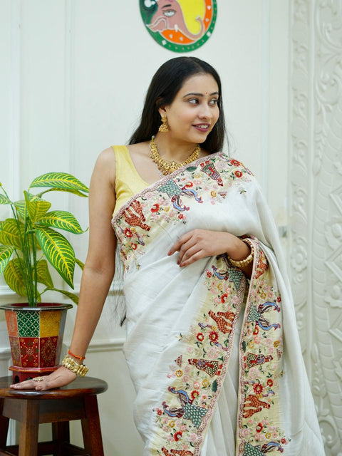 KcPc New Premium Tussar Tissue Saree with Elegant Embroidery Work  PAL