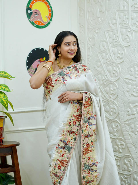 KcPc New Premium Tussar Tissue Saree with Elegant Embroidery Work  PAL