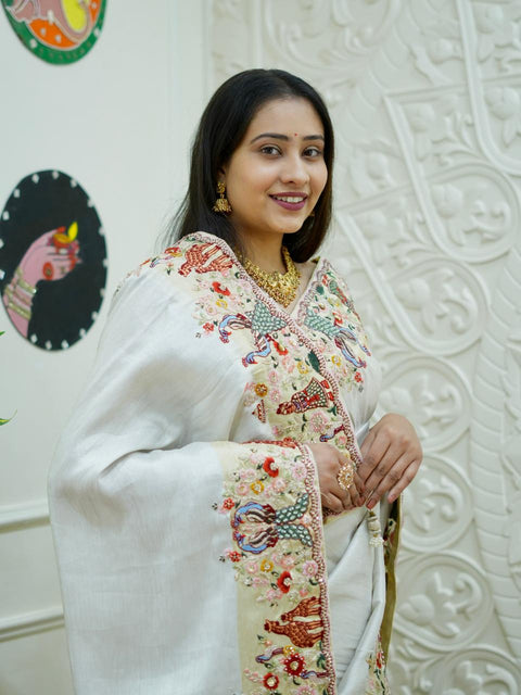 KcPc New Premium Tussar Tissue Saree with Elegant Embroidery Work  PAL