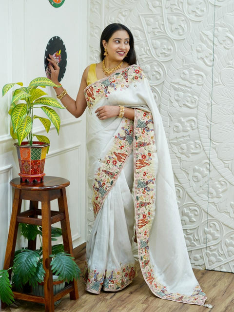 KcPc New Premium Tussar Tissue Saree with Elegant Embroidery Work  PAL
