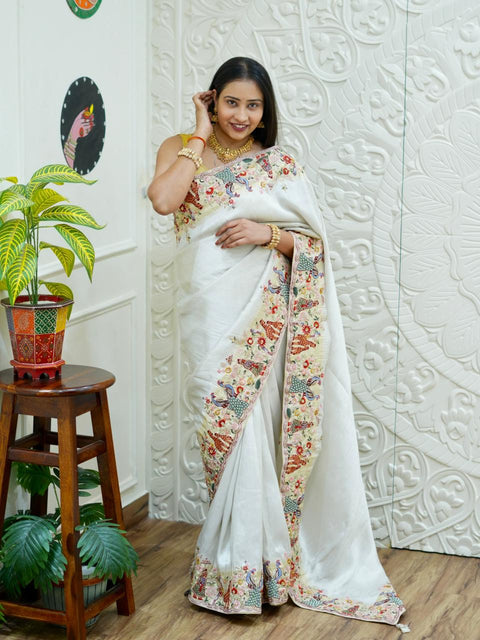 KcPc New Premium Tussar Tissue Saree with Elegant Embroidery Work  PAL
