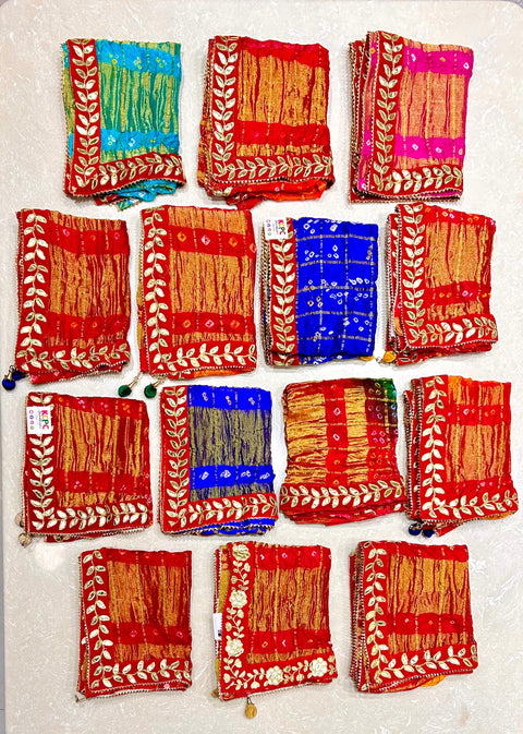 KcPc New Premium Art Silk Bandhani Dupatta with Elegant Gota Patti Border (Set of 14 Pcs )