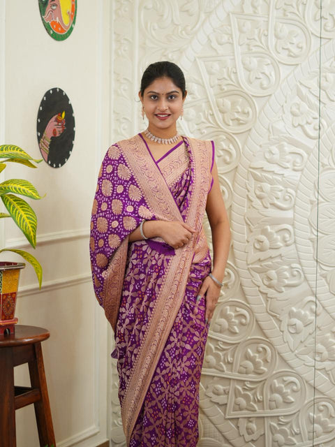 KcPc New Launch Pure Khaddi Georgette Upada Neemzari Bandhej Saree Purple D1