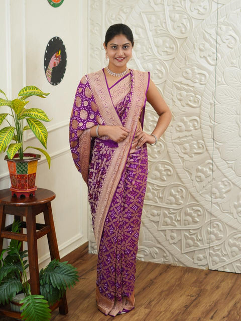 KcPc New Launch Pure Khaddi Georgette Upada Neemzari Bandhej Saree Purple D1