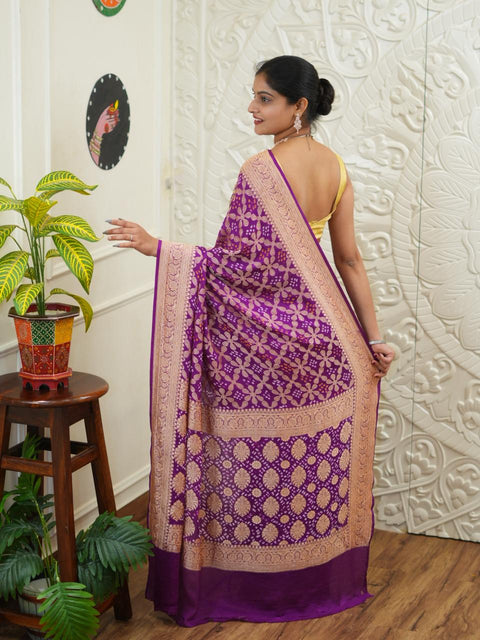 KcPc New Launch Pure Khaddi Georgette Upada Neemzari Bandhej Saree Purple D1