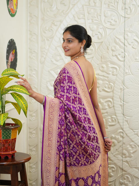 KcPc New Launch Pure Khaddi Georgette Upada Neemzari Bandhej Saree Purple D1