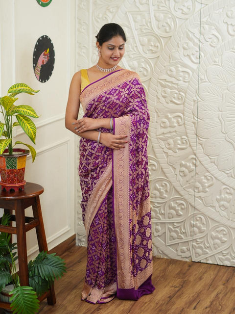 KcPc New Launch Pure Khaddi Georgette Upada Neemzari Bandhej Saree Purple D1