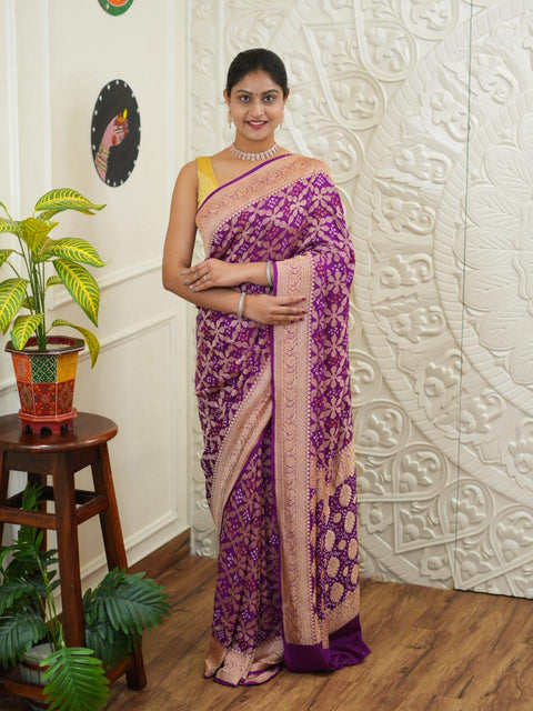 KcPc New Launch Pure Khaddi Georgette Upada Neemzari Bandhej Saree Purple D1