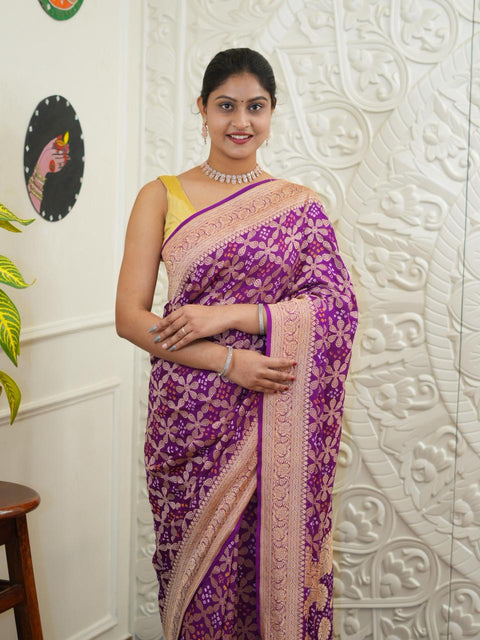 KcPc New Launch Pure Khaddi Georgette Upada Neemzari Bandhej Saree Purple D1