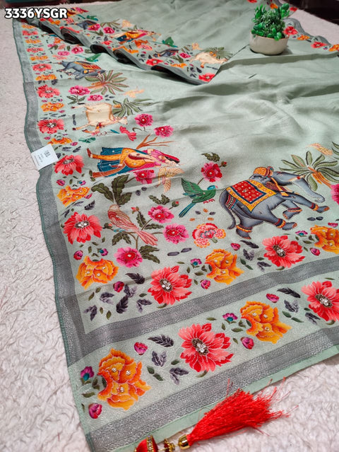 KcPc New Royal Festive Collection Tissue Silk Kalamkari Saree with Traditional Gulin Work RB