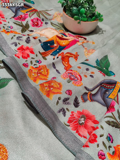 KcPc New Royal Festive Collection Tissue Silk Kalamkari Saree with Traditional Gulin Work RB