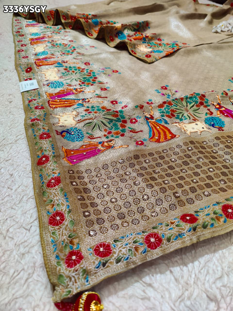 KcPc New Traditional Kalamkari Art in Pure Tissue Silk Saree with Gulin Detailing   RB