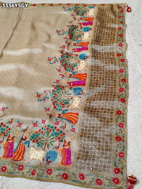 KcPc New Traditional Kalamkari Art in Pure Tissue Silk Saree with Gulin Detailing   RB