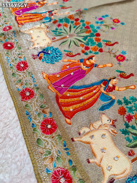 KcPc New Traditional Kalamkari Art in Pure Tissue Silk Saree with Gulin Detailing   RB