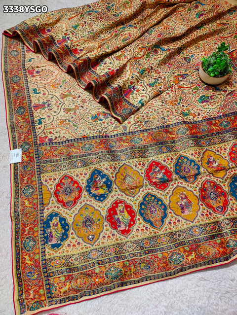 KcPc New Traditional Meenakari Charm in Tusser Tissue Gold Saree with Zardosi Work  RB