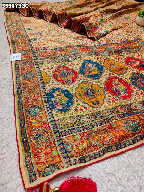 KcPc New Traditional Meenakari Charm in Tusser Tissue Gold Saree with Zardosi Work  RB