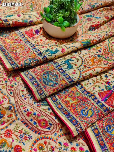 KcPc New Traditional Meenakari Charm in Tusser Tissue Gold Saree with Zardosi Work  RB