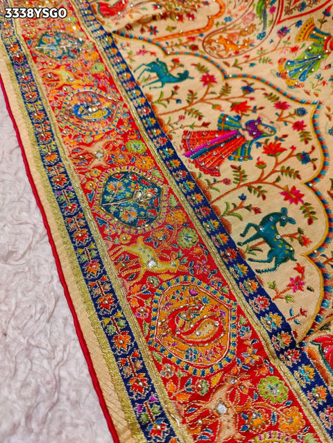 KcPc New Traditional Meenakari Charm in Tusser Tissue Gold Saree with Zardosi Work  RB