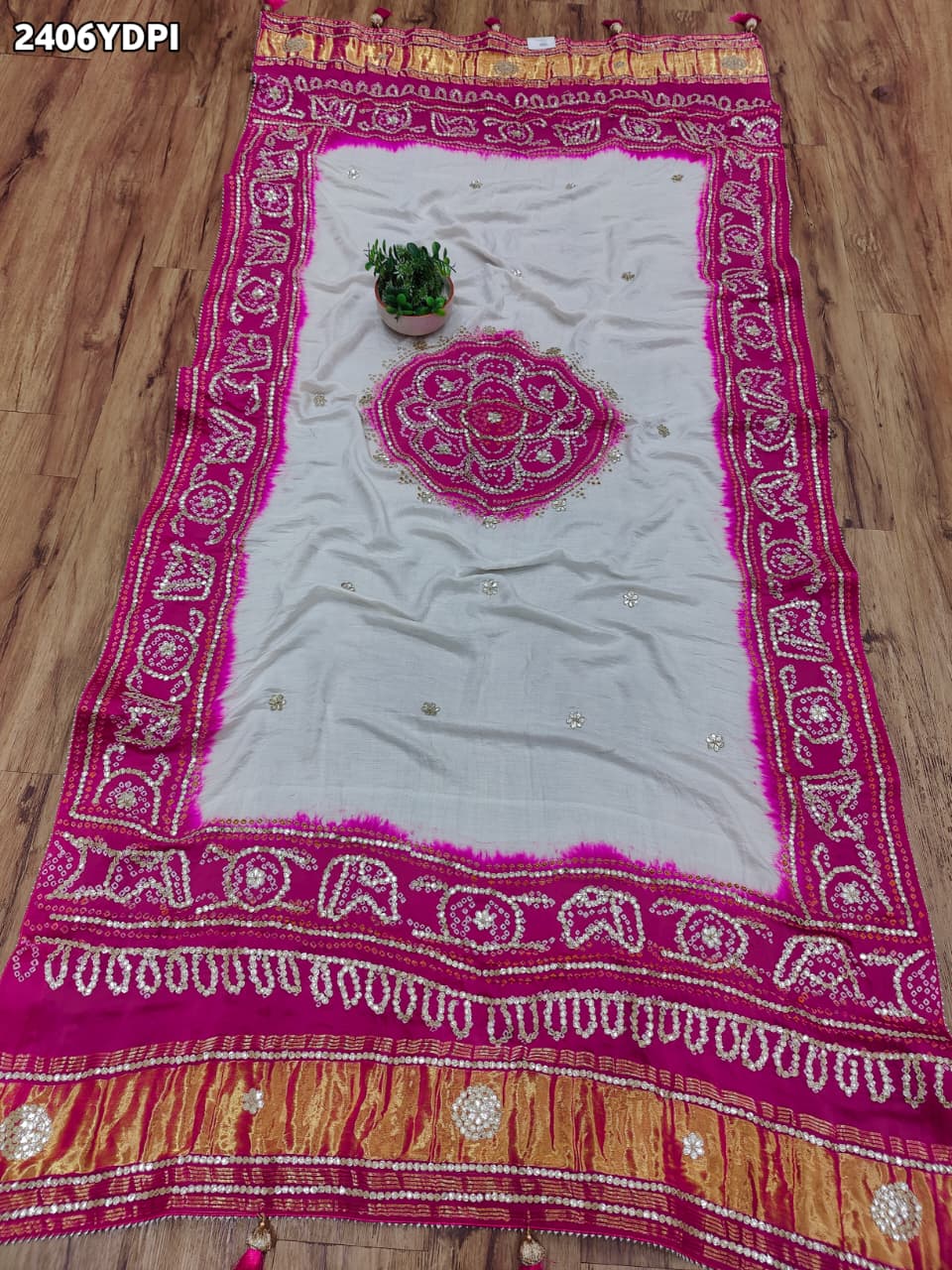 KcPc New Premium Gaji Silk Dupatta with Hand Bandhani & Gota Patti WorkAMT