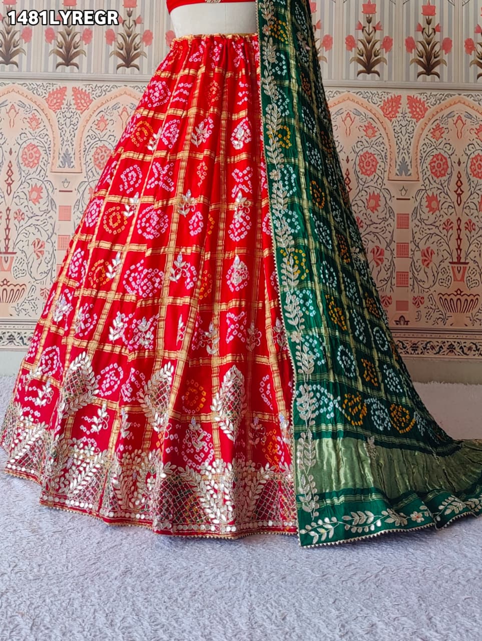 KcPc New Pure Gaji Silk Bandhani Lehenga with Traditional Gotapatti Work BTU