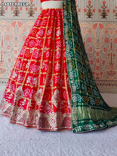KcPc New Pure Gaji Silk Bandhani Lehenga with Traditional Gotapatti Work   BTU