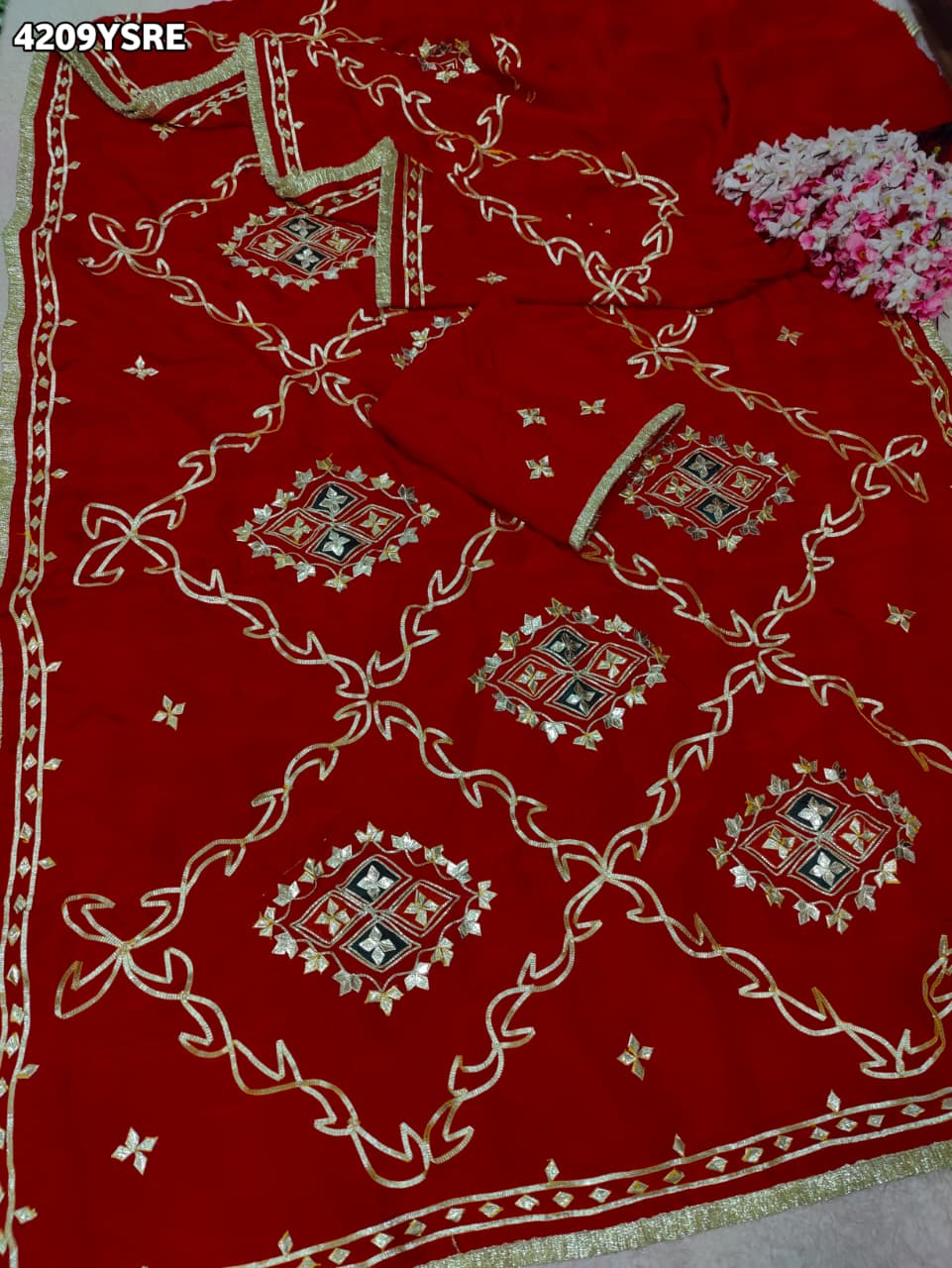 Buy Chinon Silk Saree with Beautiful Gota Patti Detailing KcPc