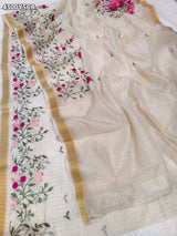 KcPc Premium Kota Doria Saree with Floral Thread Work DetailingSWA