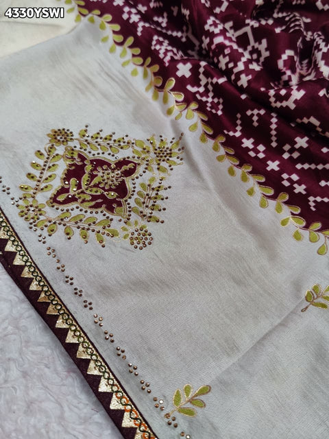 KcPc New Latest Creap Silk Ajrakh Style With Stone Work Saree STR