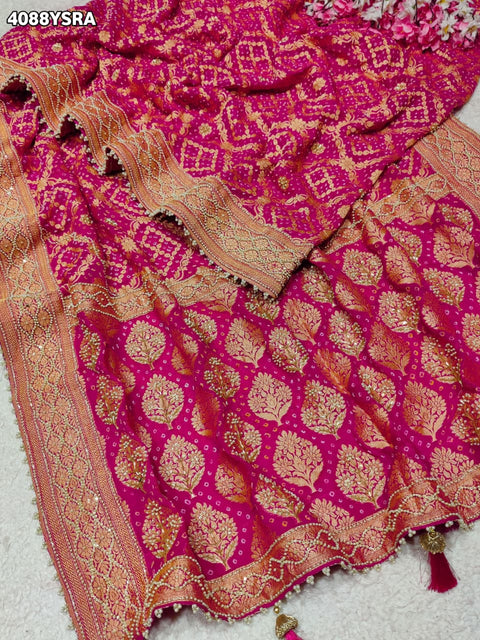 Buy Traditional Khaddi Georgette Bandhani Saree with Cutdana White Beads Work