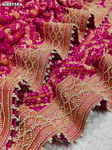 Buy Traditional Khaddi Georgette Bandhani Saree with Cutdana White Beads Work