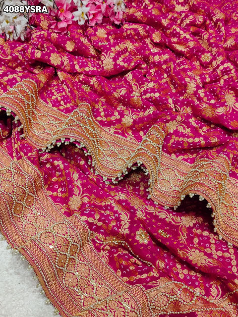 Buy Traditional Khaddi Georgette Bandhani Saree with Cutdana White Beads Work
