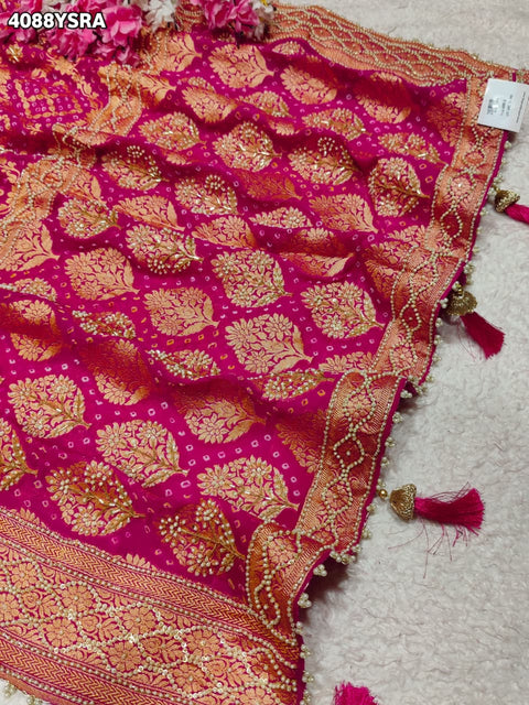 Buy Traditional Khaddi Georgette Bandhani Saree with Cutdana White Beads Work