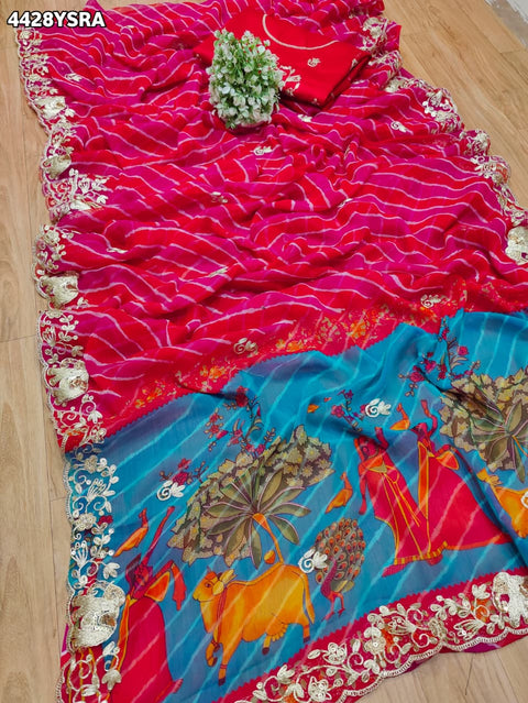 KcPc New Premium Leheriya Kalamkari Style Saree Crafted in Soft Chiffon Georgette Fabric  VND