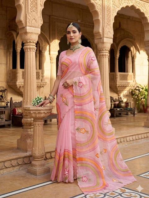 KcPc Premium Floral Handbrush Print Georgette Saree For Festive Celebrations