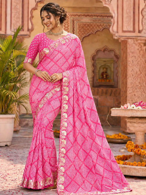 KcPc Creap Silk Bandhani Saree with Gota Patti Embroidery