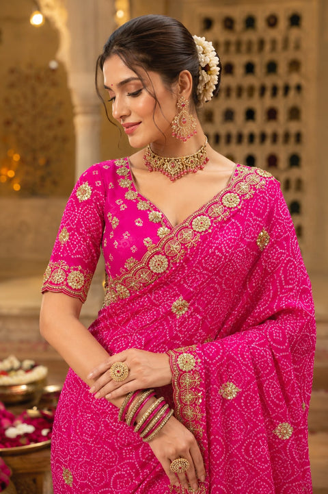 KcPc Georgette Bandhani Saree with Cutdana Embroidery