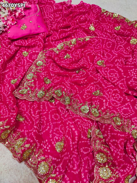 KcPc Georgette Bandhani Saree with Cutdana Embroidery