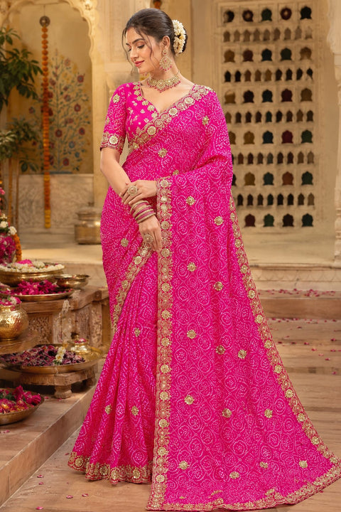 KcPc Georgette Bandhani Saree with Cutdana Embroidery