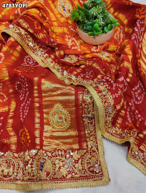 KcPc Gaji Silk Bandhani Pila Chunri with Zardosi Work  MNL