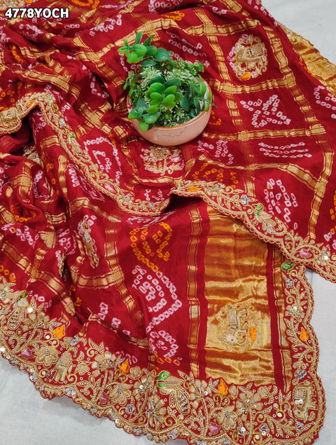 KcPc Premium Gaji Silk Bandhani Pila Chunri with Zardosi Work   MNL