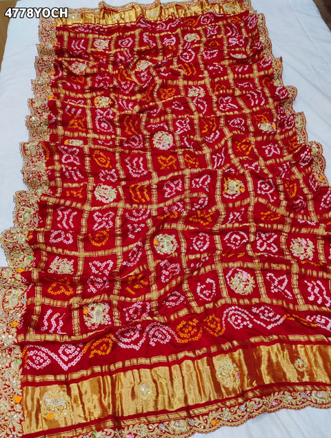 KcPc Premium Gaji Silk Bandhani Pila Chunri with Zardosi Work   MNL