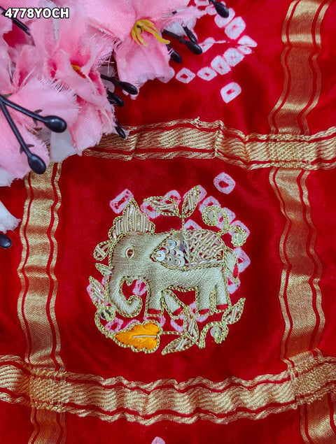 KcPc Premium Gaji Silk Bandhani Pila Chunri with Zardosi Work   MNL