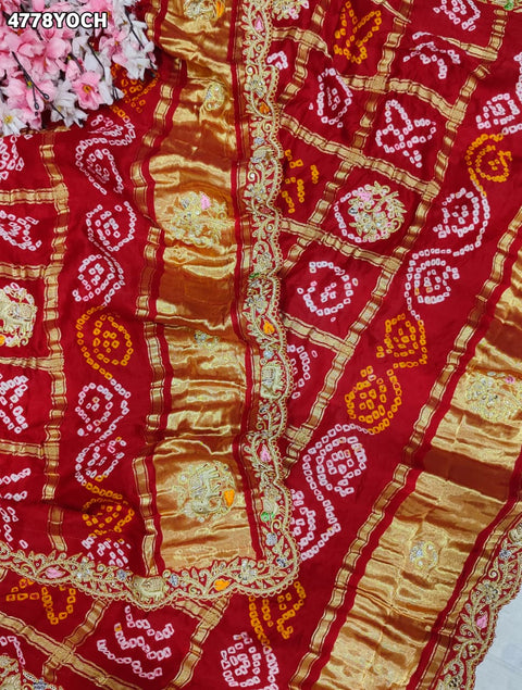 KcPc Premium Gaji Silk Bandhani Pila Chunri with Zardosi Work   MNL